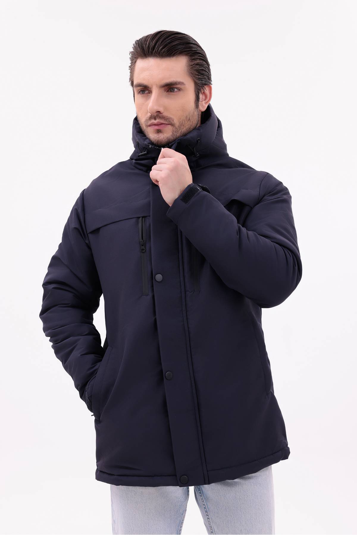 Erkek Polarlı Kürklü Su Ve Rüzgar Geçirmez Kapüşonlu Kışlık Mont & Kaban & Parka — سرمه‌ای FMP-105 — تصویر 5 از 8