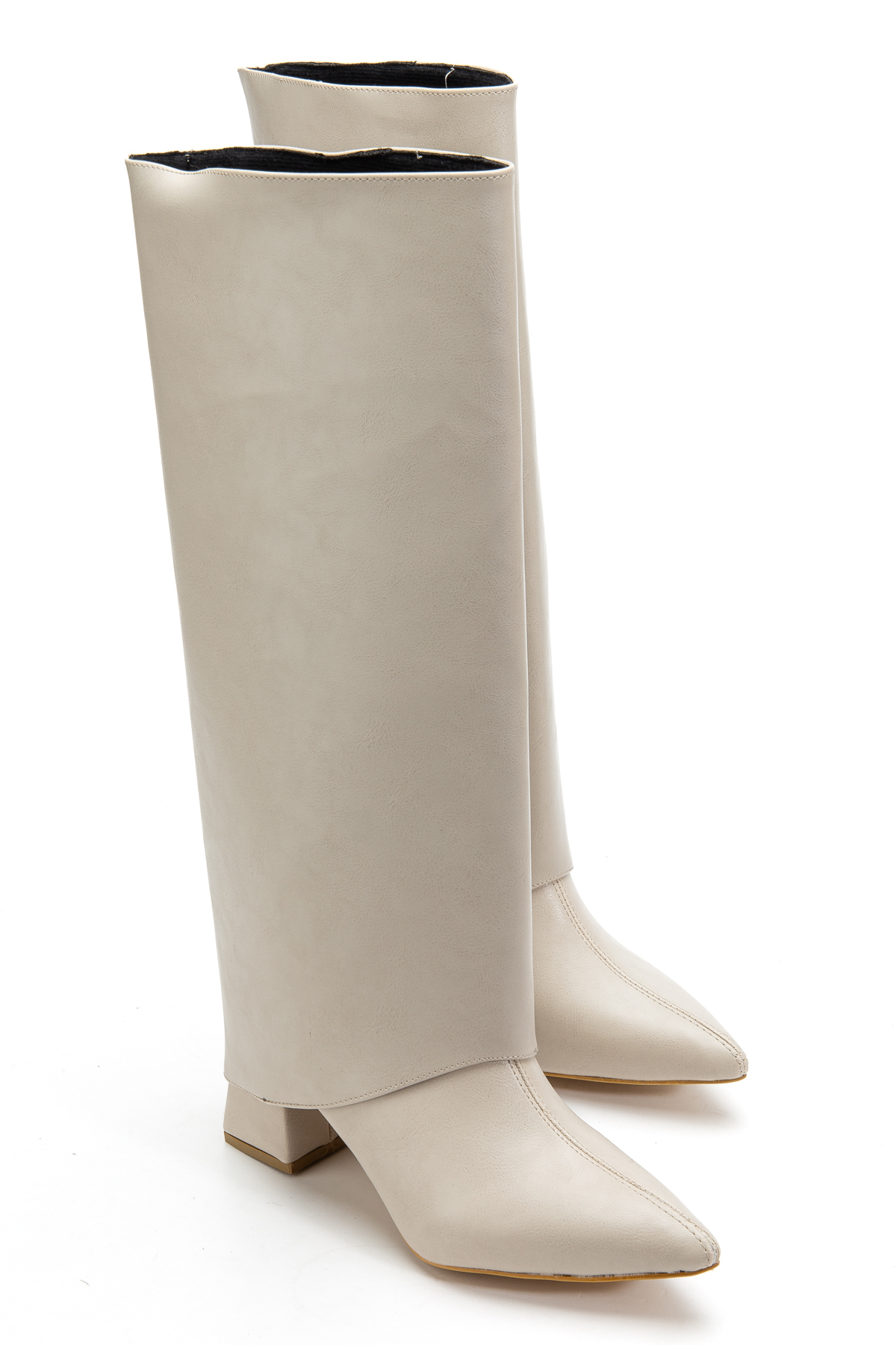 bakacstore  Kadın Takıp Çıkarılabilen Tozluk Detaylı Sivri Burun Bej Deri Çizme - Görsel 4