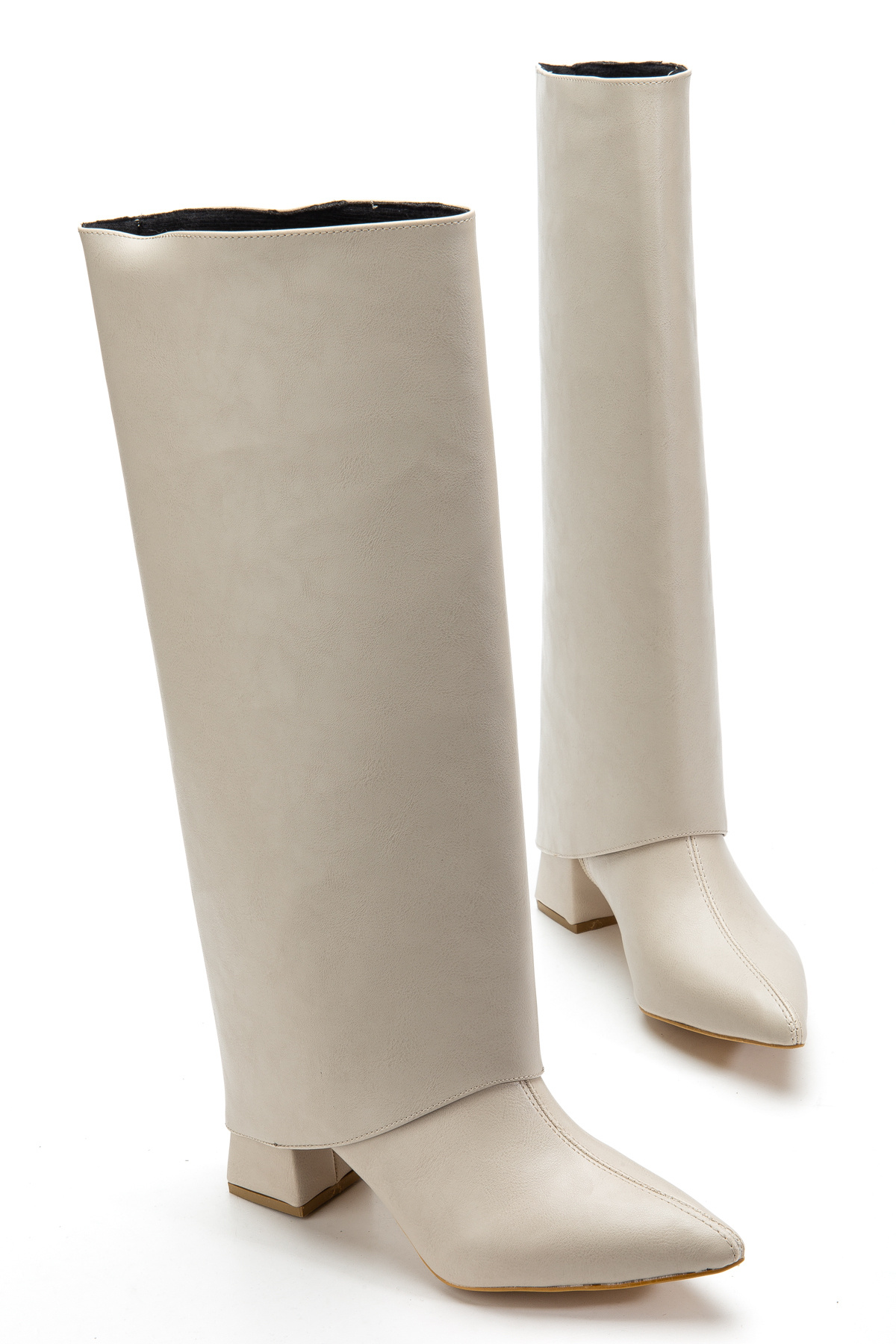 bakacstore  Kadın Takıp Çıkarılabilen Tozluk Detaylı Sivri Burun Bej Deri Çizme - Görsel 5