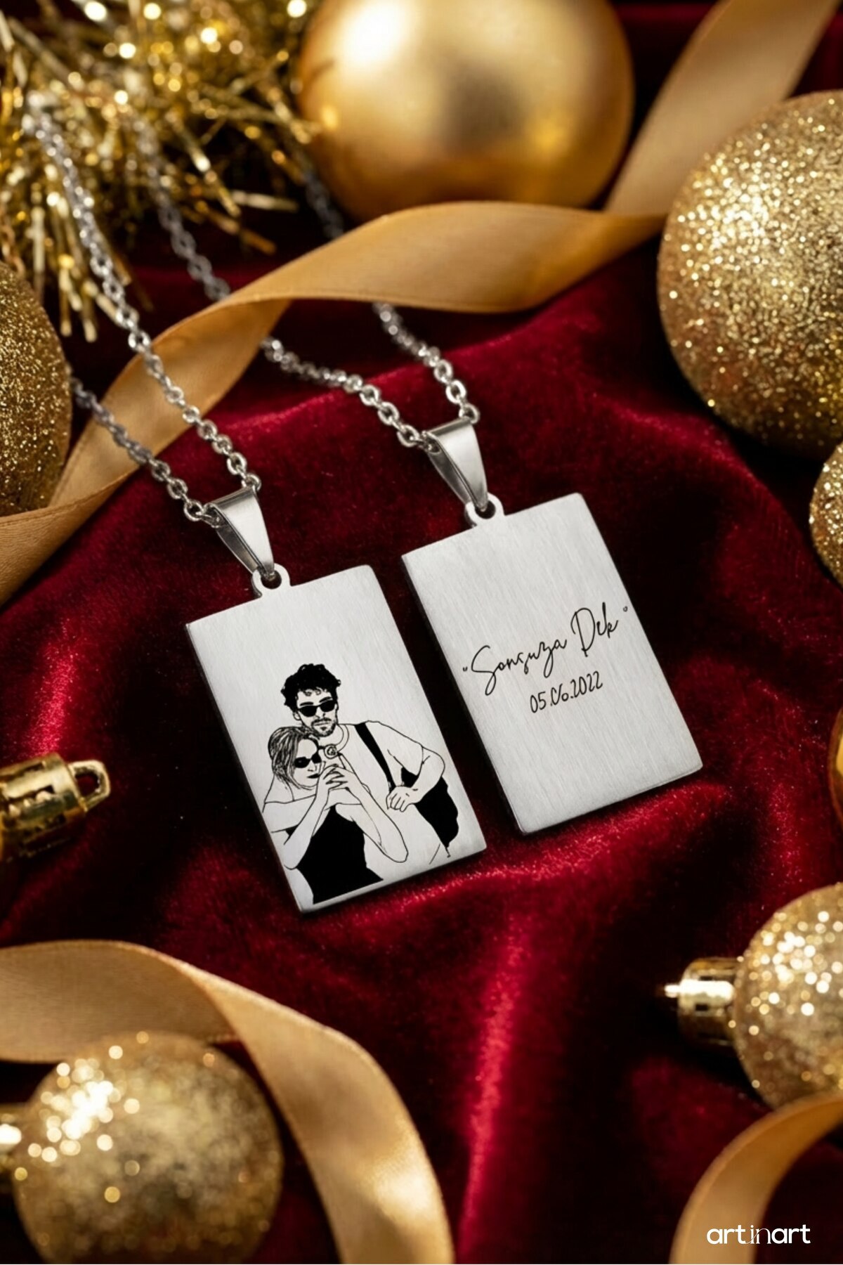 ArtinArt 316L Paslanmaz Çelik Kişiye Özel Fotoğraf Baskılı Çizim Kolye • Hediye Kutulu • Kişiye Özel