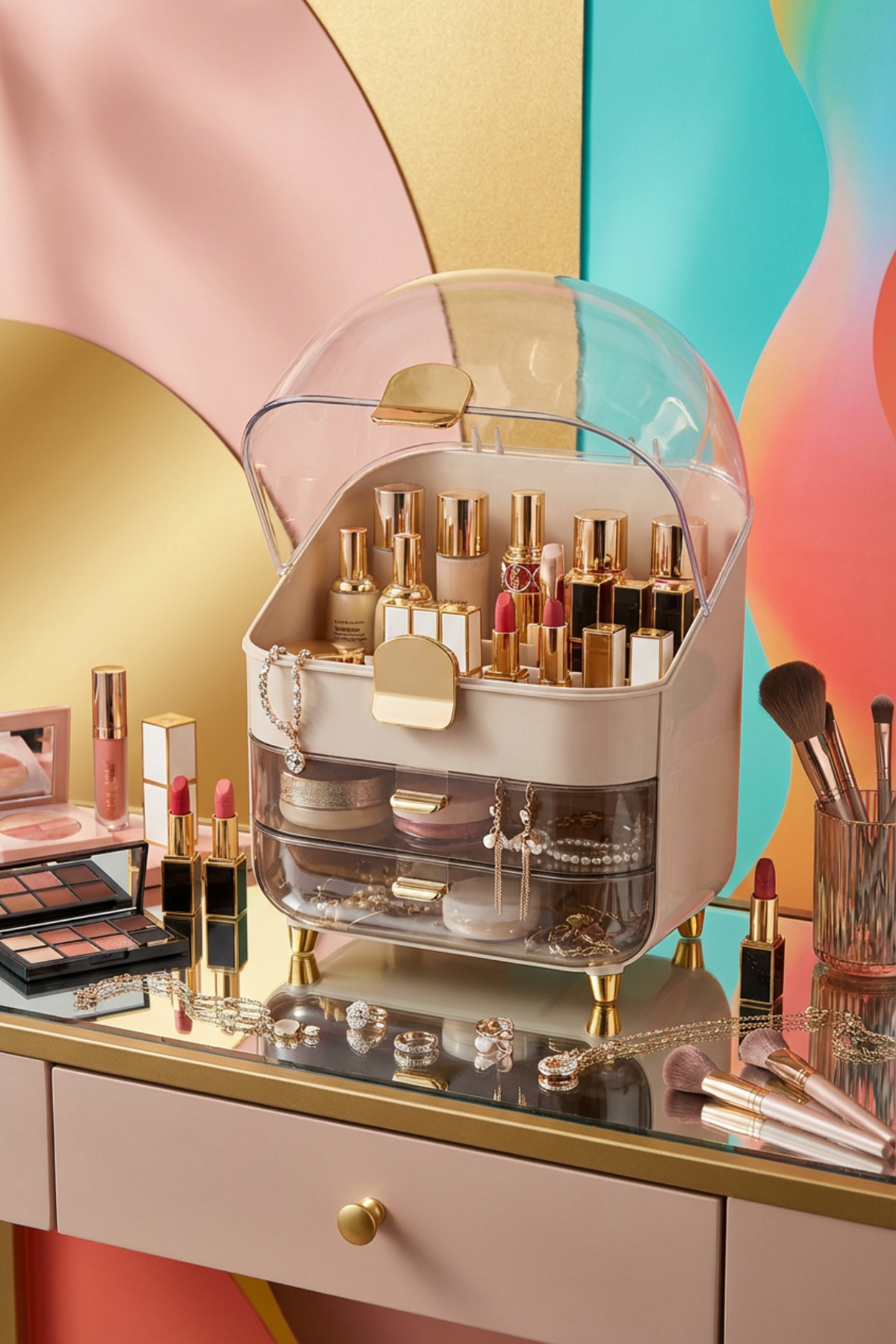 MAKRİ HOME Şeffaf Kırılmaz Kapaklı Makyaj ve Takı Organizeri, Çekmeceli, Bej, 19×27×36 cm