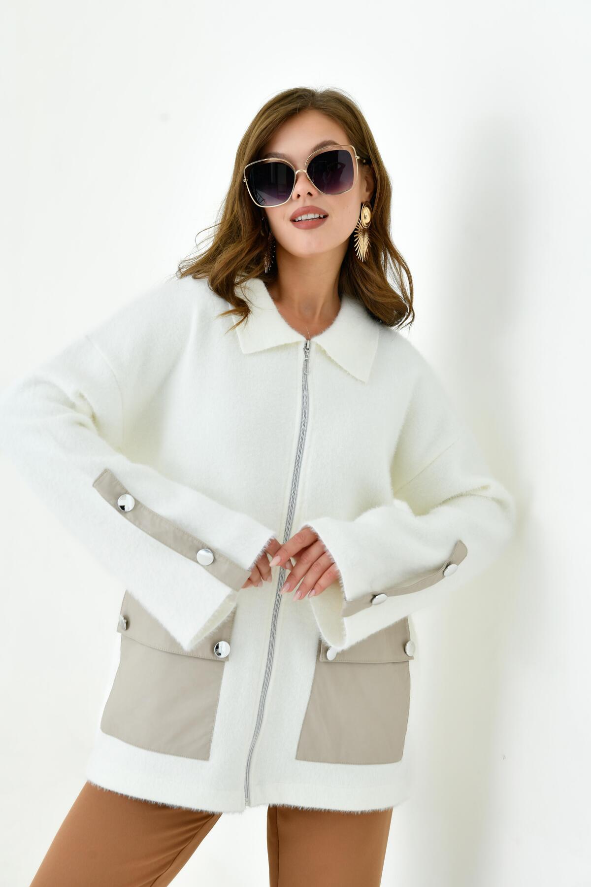 FTZ WOMEN  Kadın Deri Ve Düğme Detaylı Ceket Ekru 20758 - Görsel 2