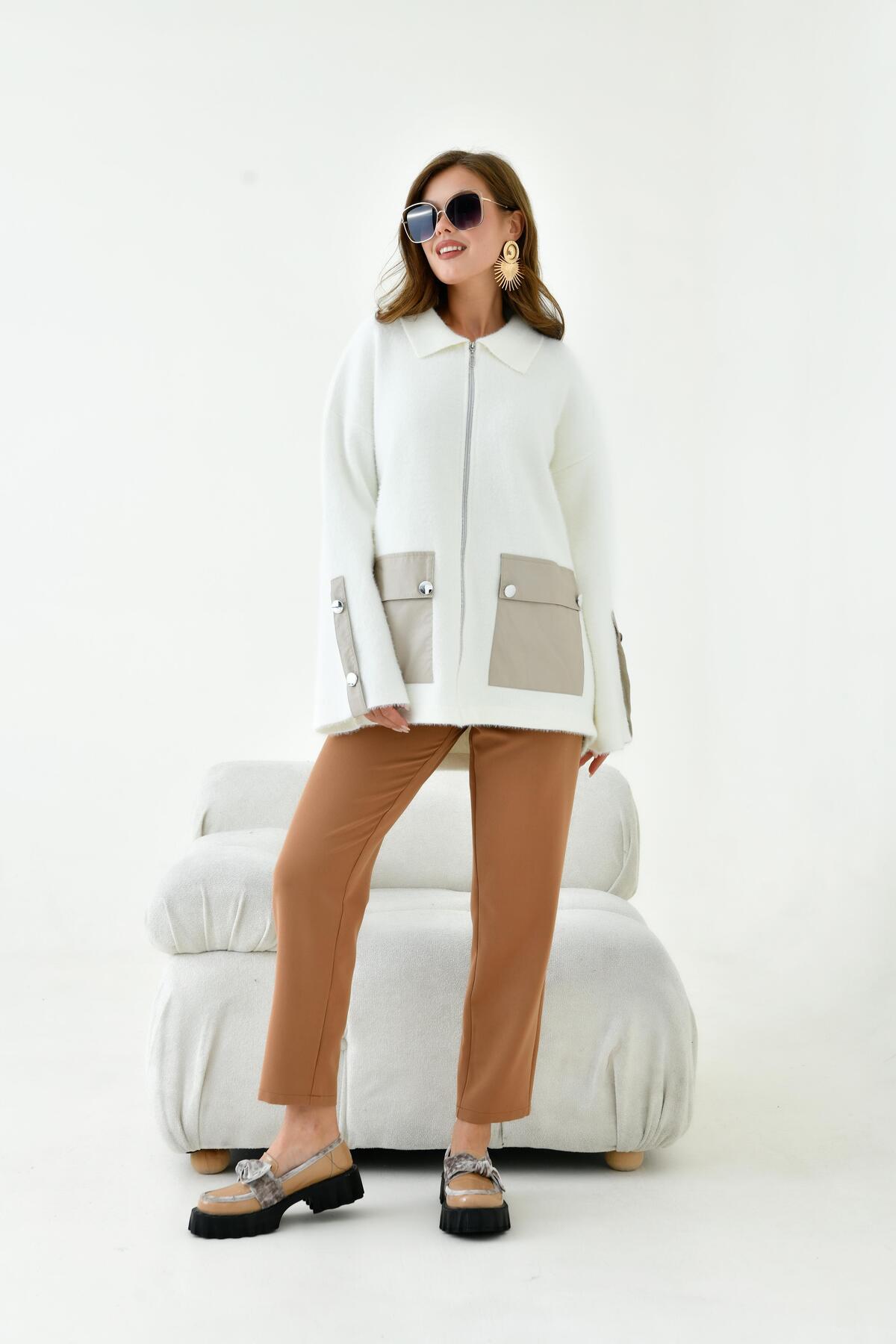 FTZ WOMEN  Kadın Deri Ve Düğme Detaylı Ceket Ekru 20758 - Görsel 4