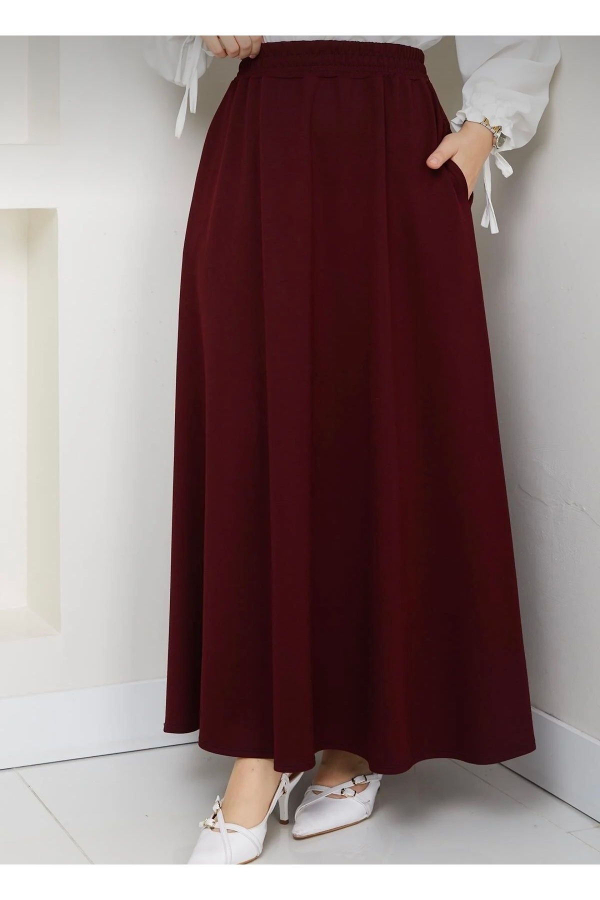 Bahar Altundemir  Kadın Beli Lastikli Yumuşak Dokulu Dabıl Kumaş Kloş Etek - Görsel 6