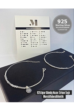 MorsAlfabesi 925 ayar gümüş Mors alfabesi bileklik zirkon taşlı nazar boncuğu...