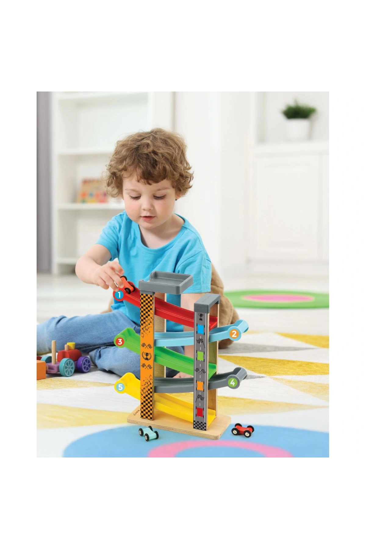 Genel Markalar Rampax 5 Montessori Ahşap Yarış Arabalı Otopark Oyun fotoğrafı 3 (önizleme)