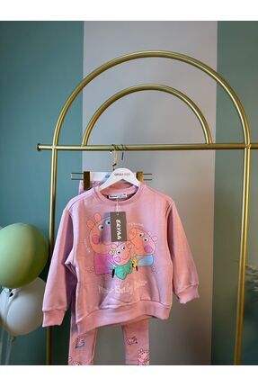 ervaa kids kız çocuk taytlı takım 3iplik sweat-tayt pamuk baskılı