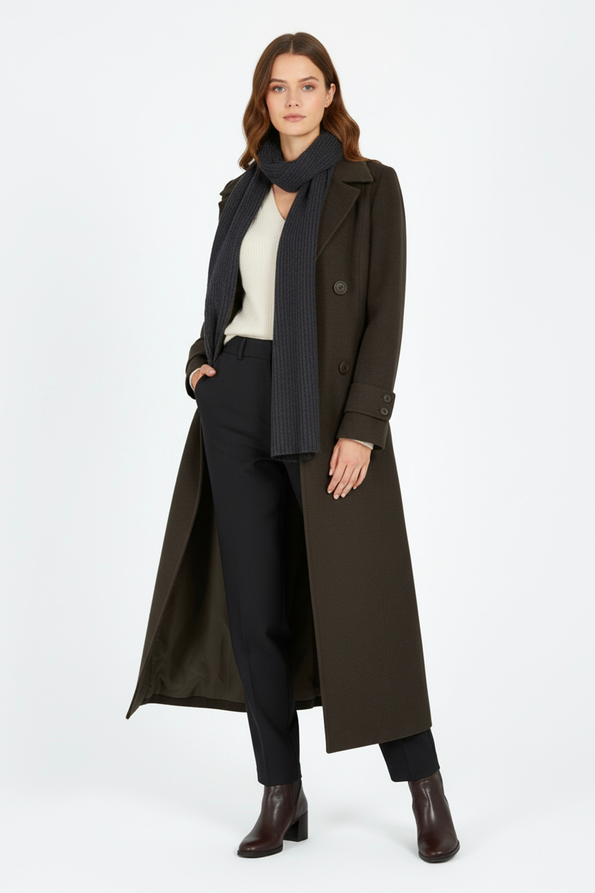 Soydan Güner  Kruvaze Kuşaklı Dökümlü Uzun Kaban Kahve 6630 - Görsel 4