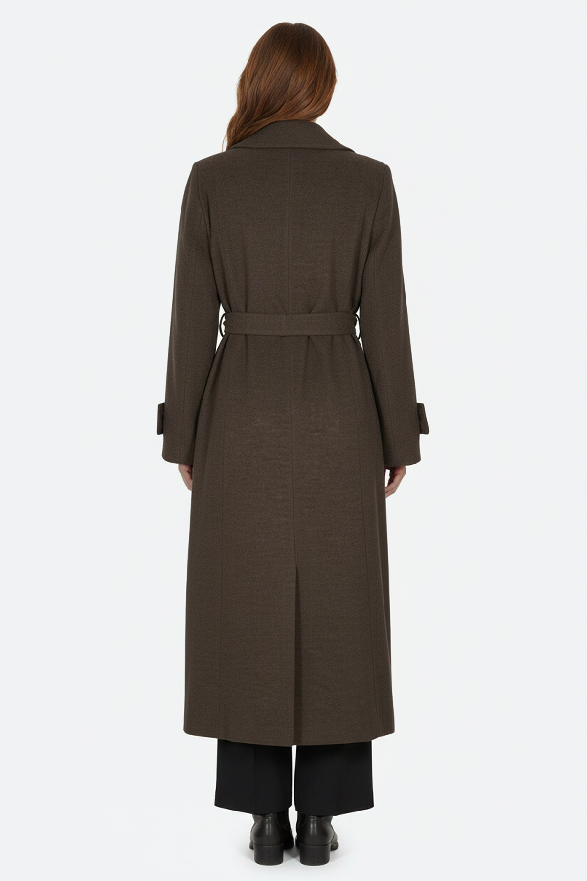 Soydan Güner  Kruvaze Kuşaklı Dökümlü Uzun Kaban Kahve 6630 - Görsel 5