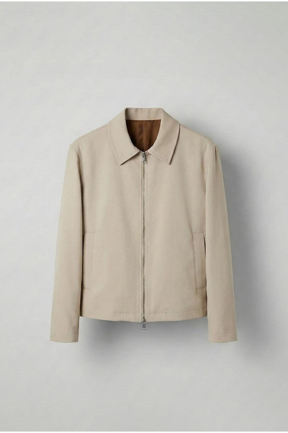 Men's Relaxed Fit Zippered Slim Jacket Beige