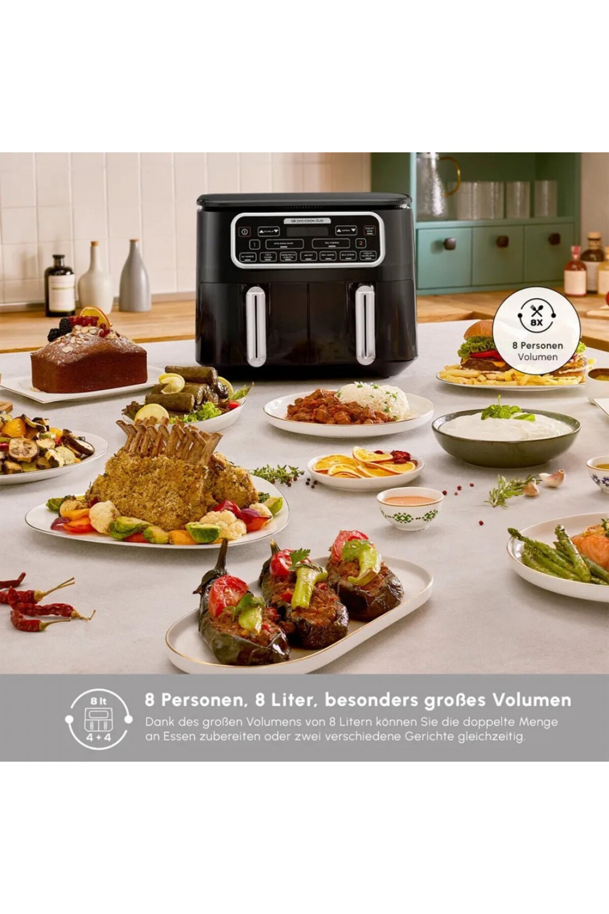 Air Pro Cook Duo Home Dinner XXXL 4+4 Liter Airfryer Schwarz Chrom 8 Personen