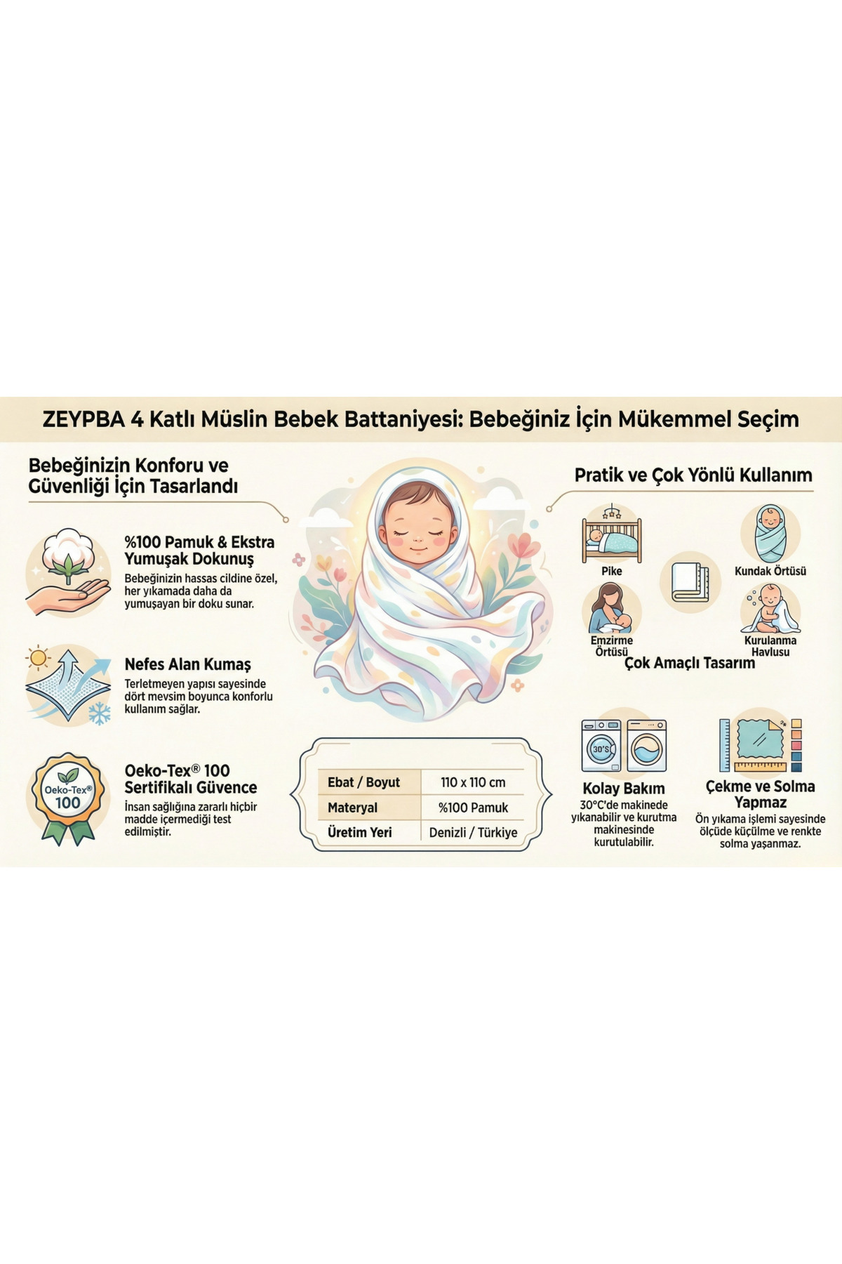 ZEYPBA % 100 Pamuk 4 Katlı Müslin Örtü Bej (Bebek & Çocuk İçin) 110x110cm fotoğrafı 7 (önizleme)