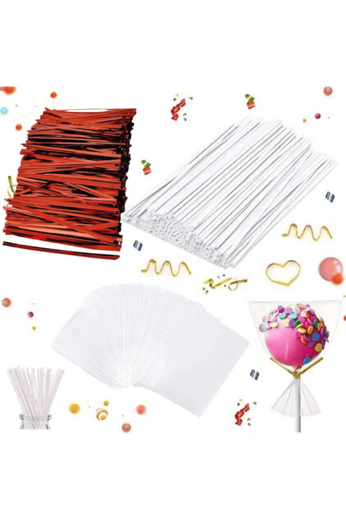 Big Party Kurabiye Jelatini Şeffaf Parlak Poşet, 50'li Kırmızı Tel Klips Hediyeli