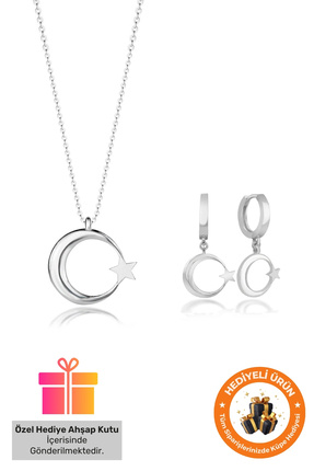Lucente Jewellery Hediye Kutulu Ay Yıldız Kolye & Küpe Seti 925 Ayar Gümüş Ka...
