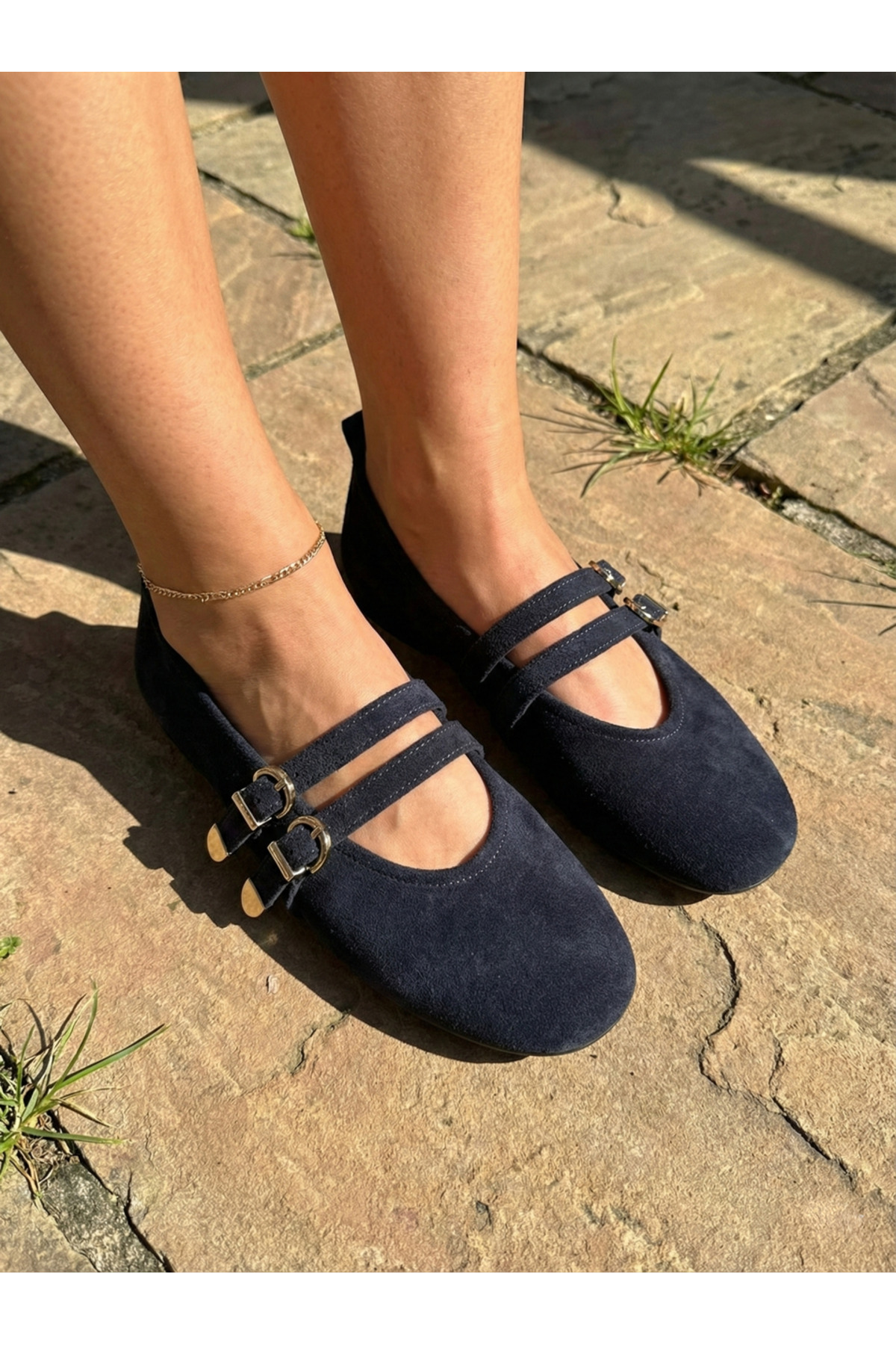 SALDA  Hakiki Deri Kadın Lacivert Süet Mary Jane Babet - El Yapımı Günlük Rahat Ayakkabı - Görsel 2
