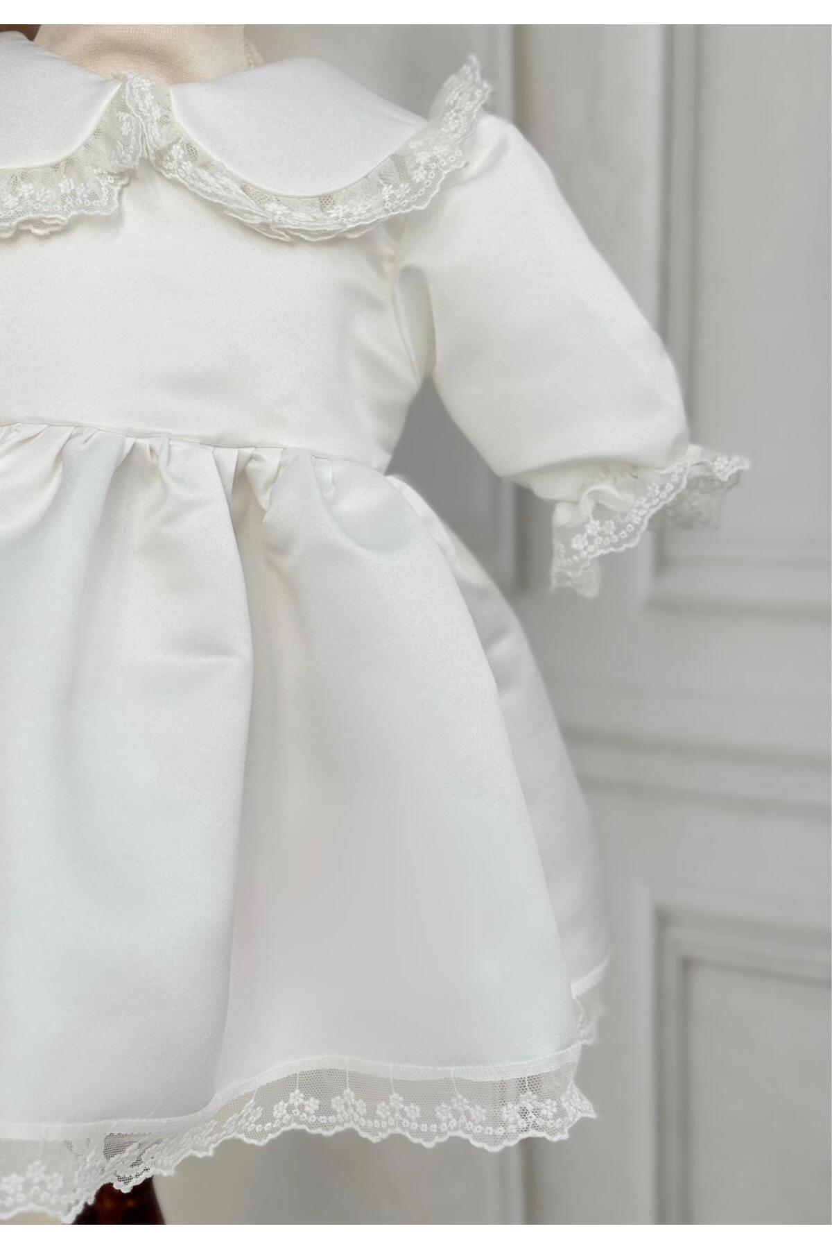 Hobidik Bebe Yaka Kırık Beyaz Güpür Dantel Saten Elbise Set fotoğrafı 4 (önizleme)