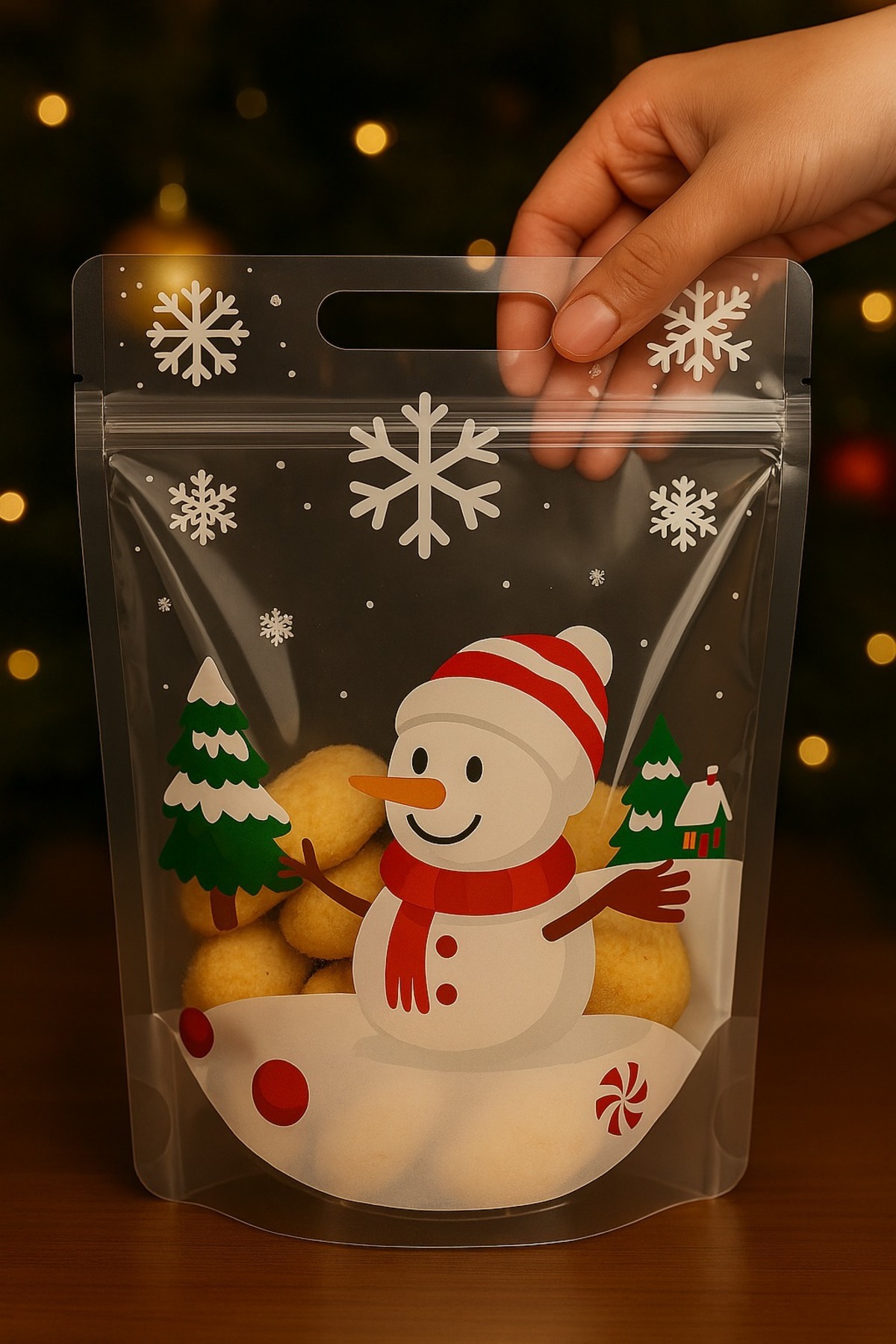 Dekals 10 Adet Kardan Adam Kurabiye Şeker Çikolata Poşeti Tekrar Kullanılabilir Dipli Hediye Poşeti