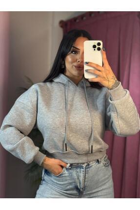 inci bayan giyim KADIN 3 iplik kapüşomlu crop sweet/gri