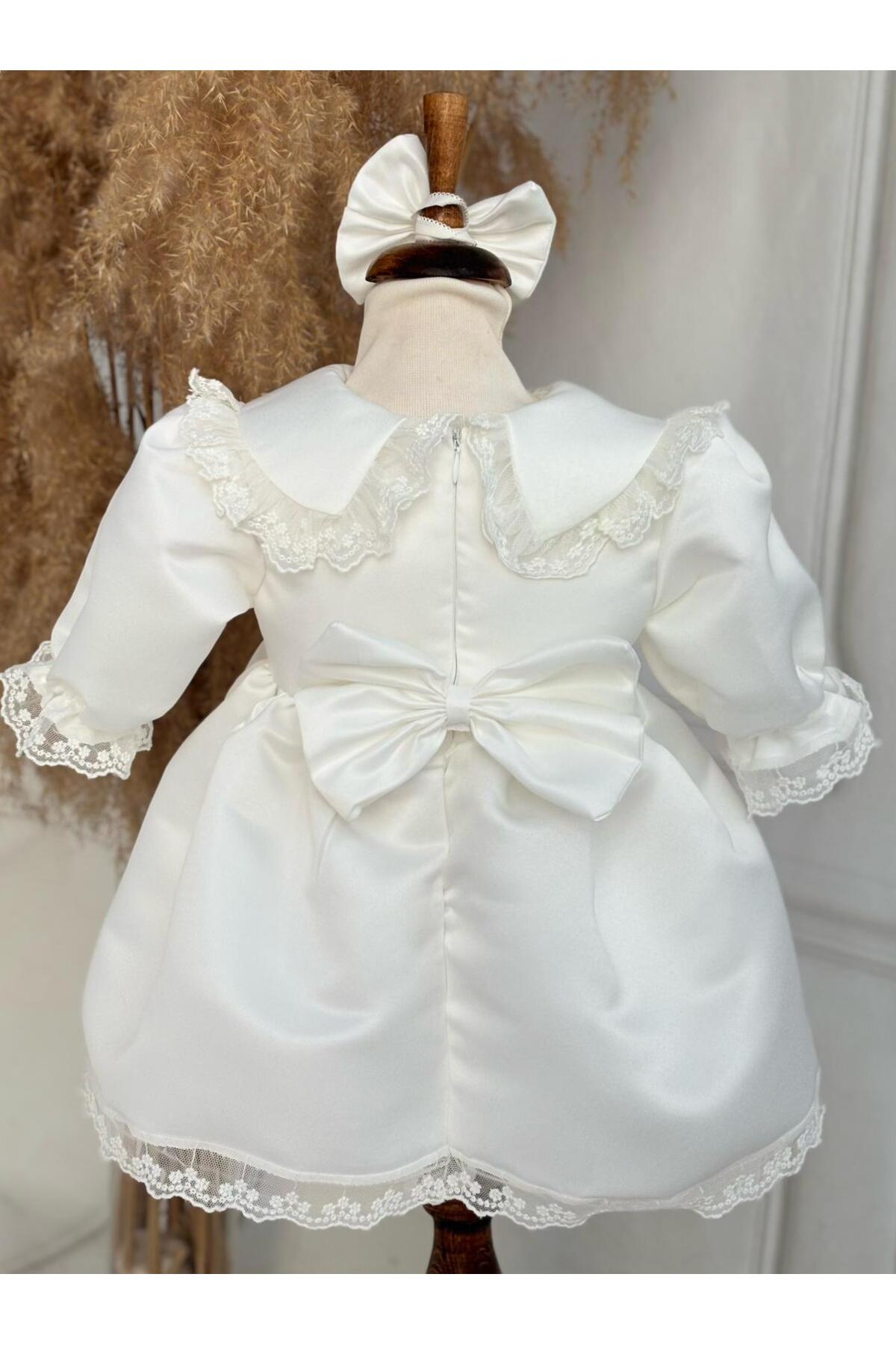 Hobidik Bebe Yaka Kırık Beyaz Güpür Dantel Saten Elbise Set fotoğrafı 5 (önizleme)