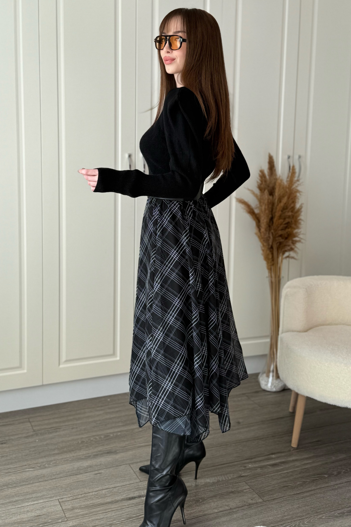 Dilay Gökoğlu Butik  Ekose Asimetrik Şifon Zarif Midi Siyah Etek - Görsel 7