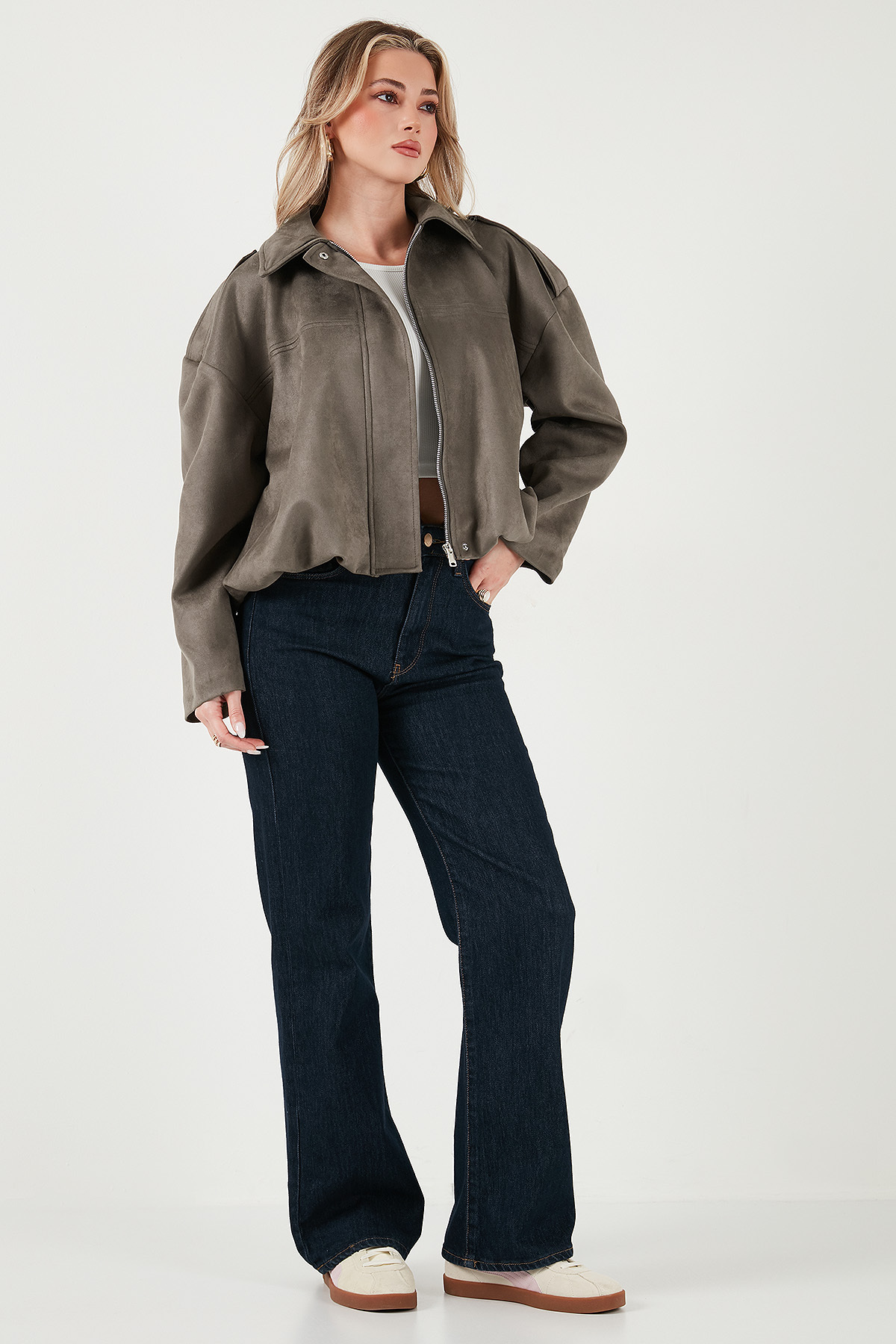 Lela  Oversize Fit Klasik Yaka Süet Dokulu Bomber Ceket Mont MONT 6524932 - Görsel 3