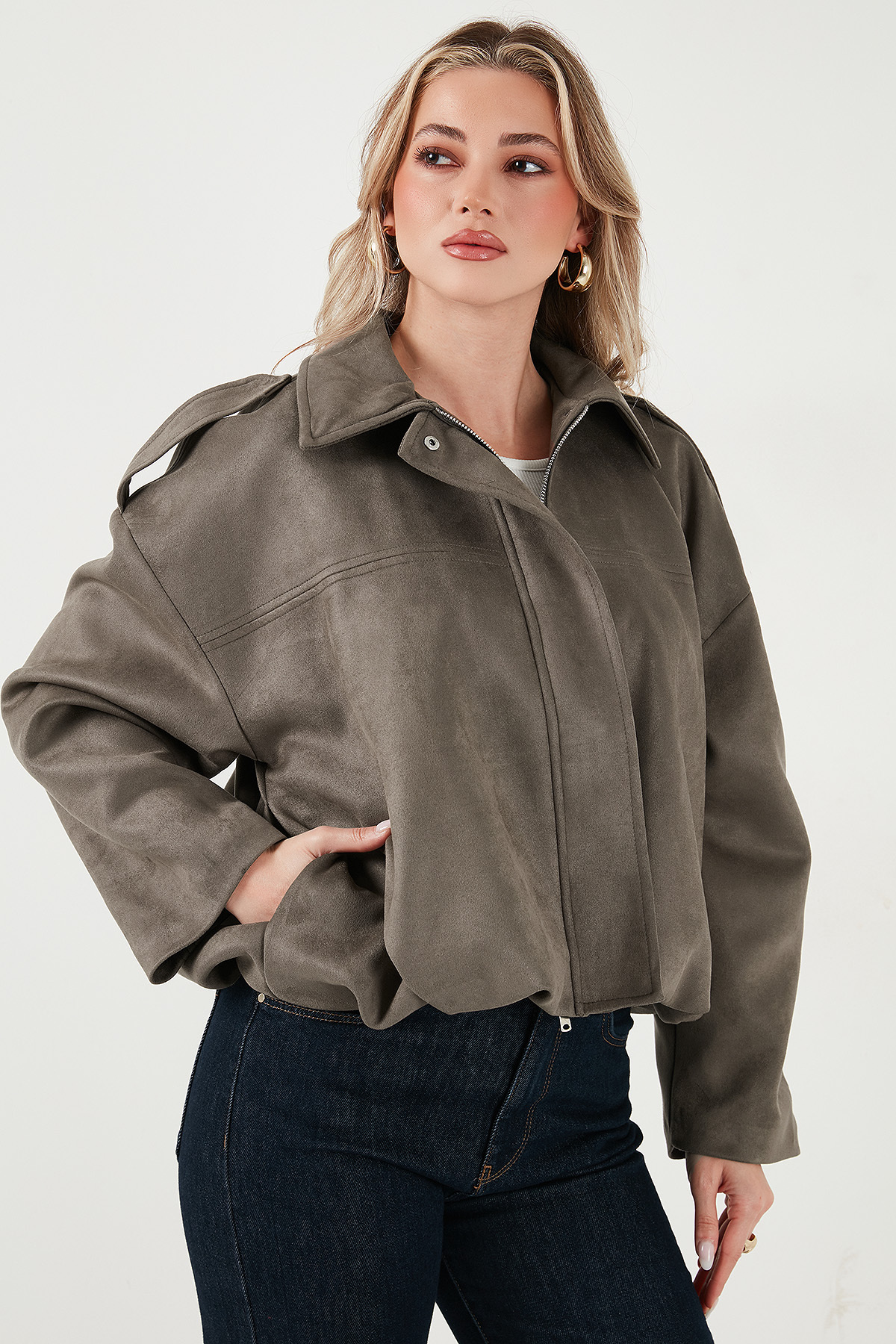 Lela  Oversize Fit Klasik Yaka Süet Dokulu Bomber Ceket Mont MONT 6524932 - Görsel 4