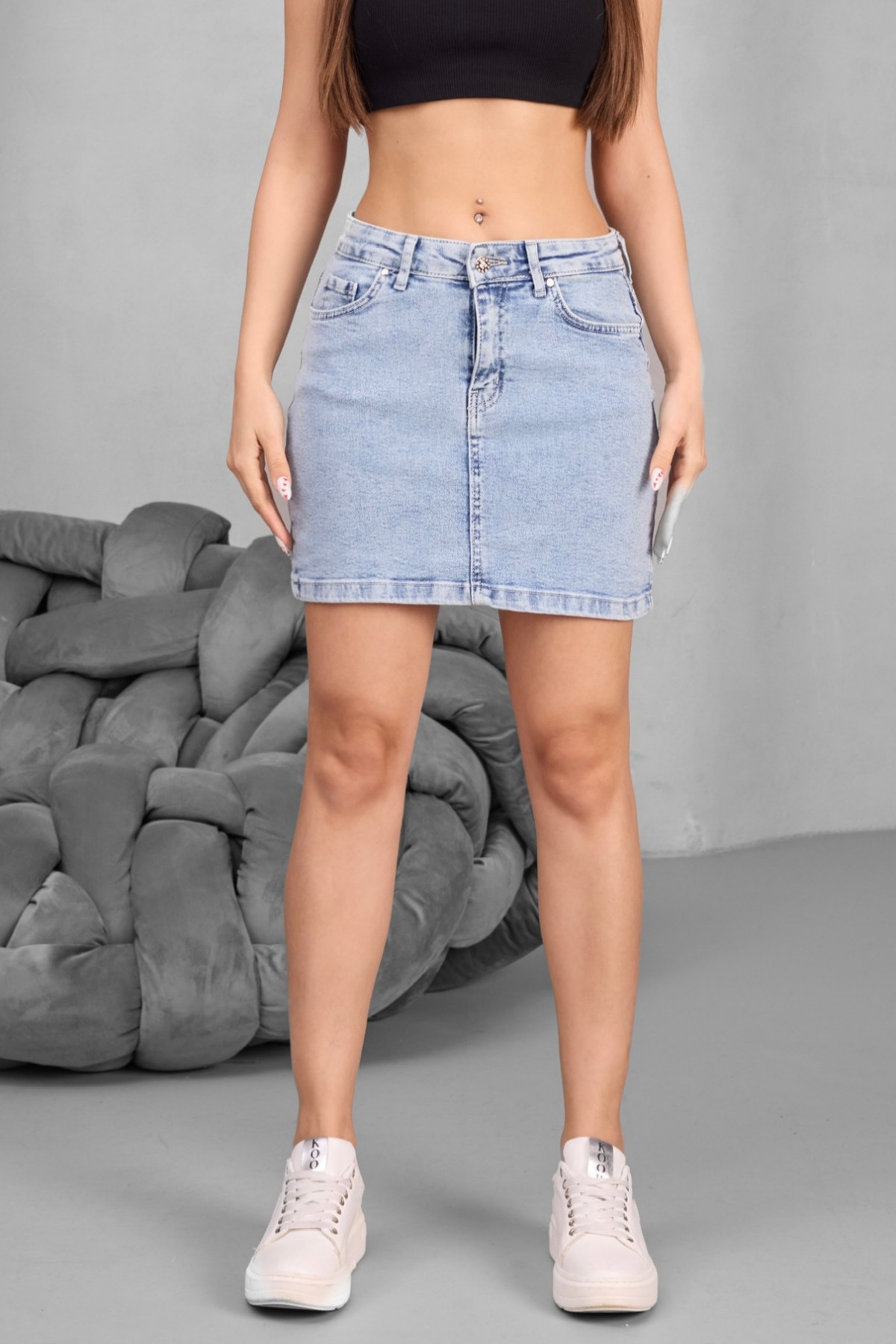 Kadın Yüksek Bel Mini Kot Denim Etek buz mavi 3