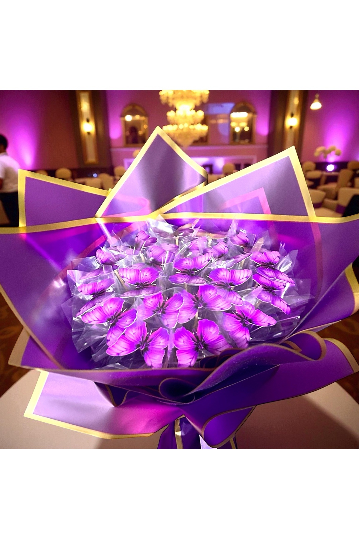 exzone MOR GOLD AMBALAJ GÜNCELDİR LED IŞIKLI KELEBEK BUKETİ ANNEYE SEVGİLİYE ARKADAŞA HEDİYE YAPAY ÇİÇEK