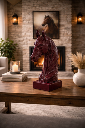 İMOKA DİZAYN Asaletin Simgesi Şarabi Parlak Seramik At Başı Dekoratif Biblo