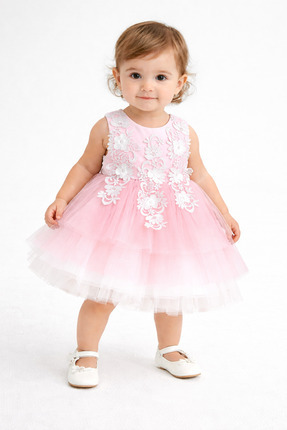lumo bella kids Pembe Tül Detaylı Kız Bebek Elbisesi 9-24 Ay