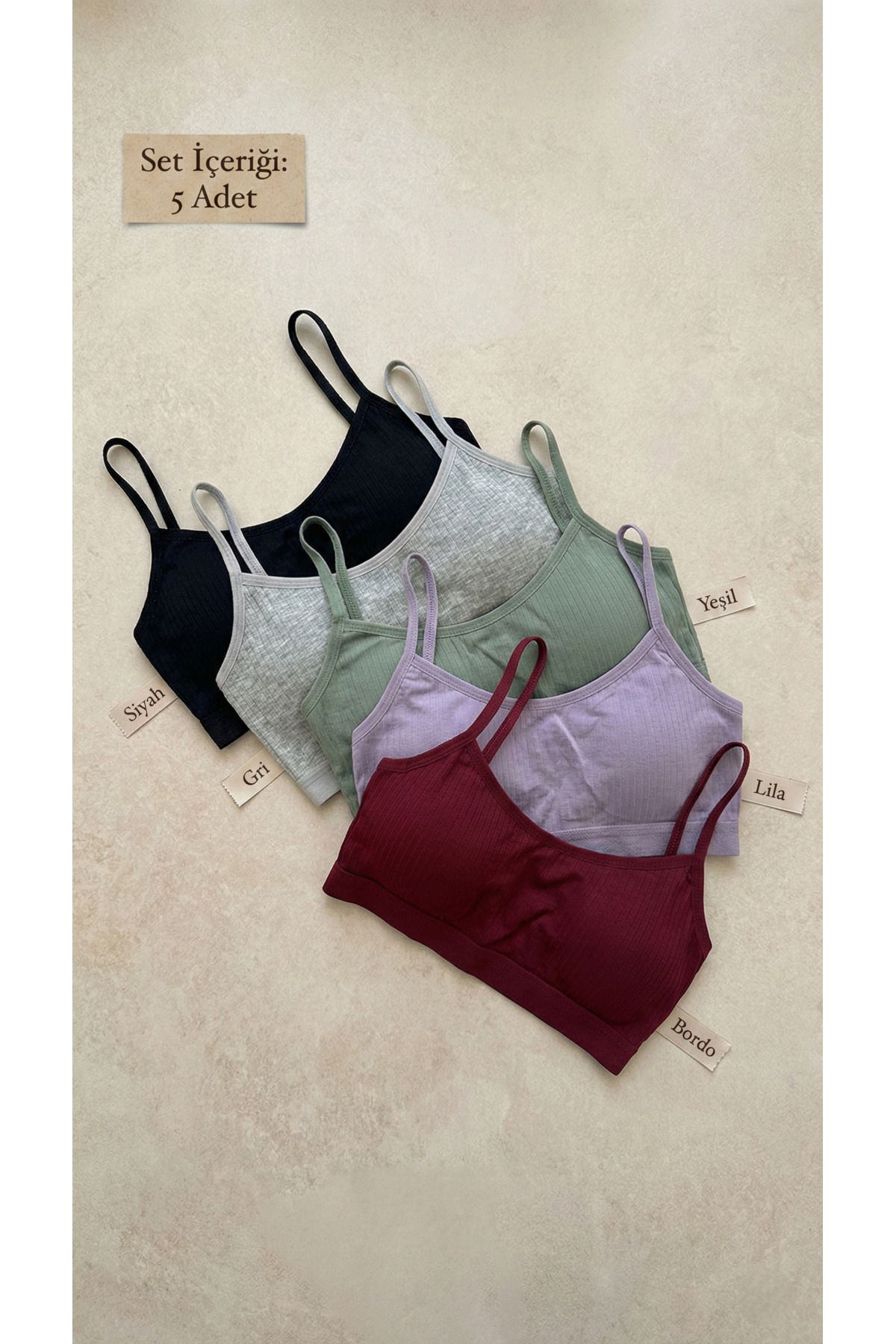 underwear bodyway İp Askılı Pedli Fitilli Büstiyer Seti 5’li - Siyah Gri Yeşil Lila Bordo - Trend Sonbahar Tonları