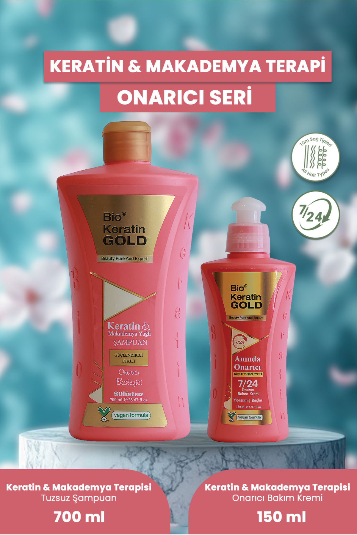 Bio Keratin Gold Keratin & Makademya Terapisi 2'li Set Tuzsuz Şampuan 700 ml 7/24 Onarıcı Bakım Kremi 150 ml — A3201