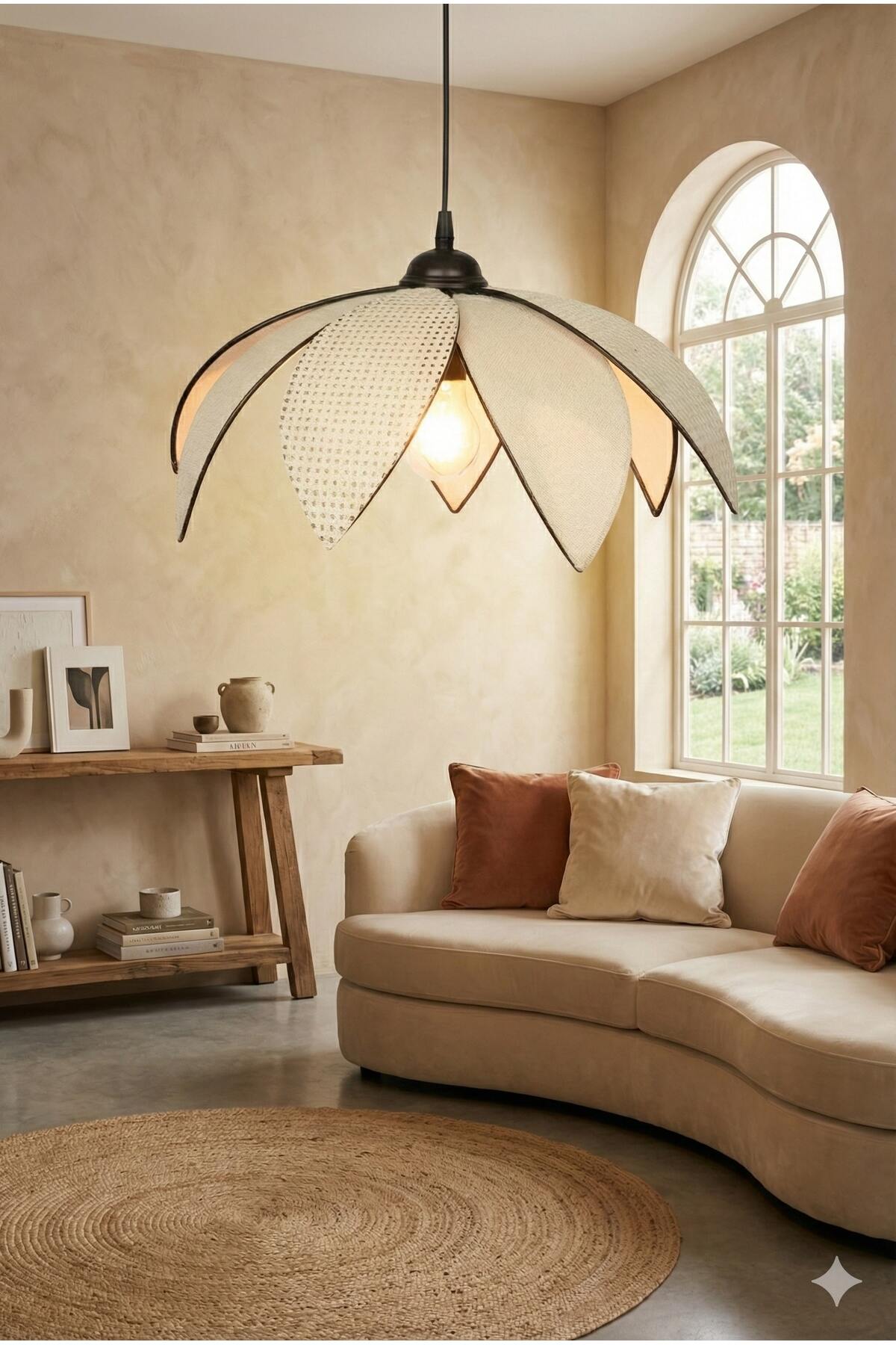 Neva Cream Wicker Detailed Modern Flower Design Single Pendant Living Room Kitchen Bedroom Lighting