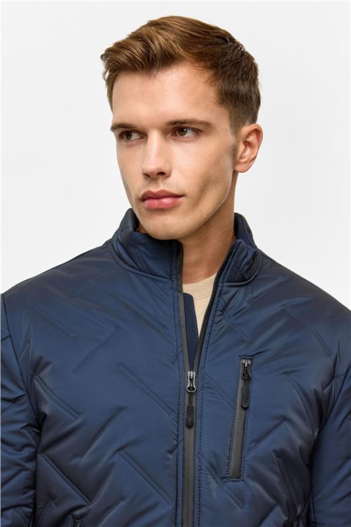 SÜVARİ  Lacivert Slim Dik Yaka Düz Yan Cepli Fermuarlı Kapitone Standart Mont - Görsel 4