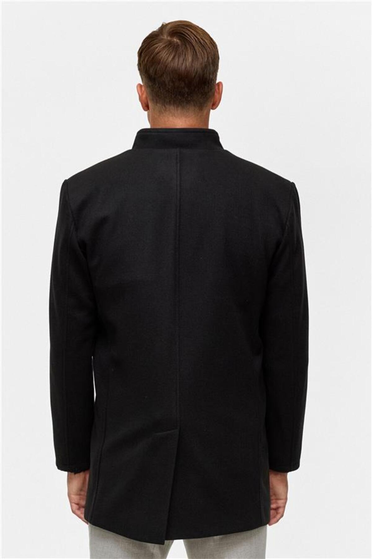 SÜVARİ  Siyah Regular Düz Hakim Yaka Kaban - Görsel 8