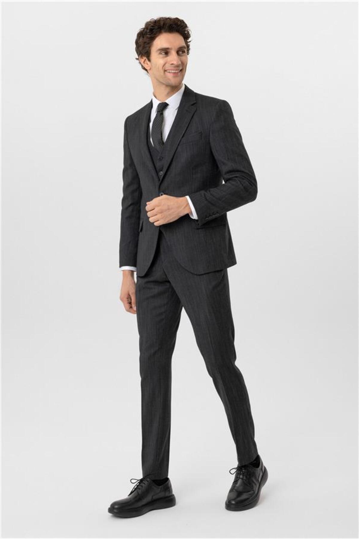 SÜVARİ  Siyah Slim Desenli Mono Yaka 6 Drop Yelekli Takım Elbise - Görsel 3