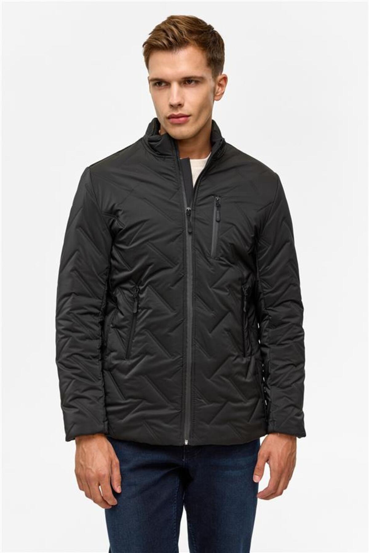 SÜVARİ  Siyah Slim Dik Yaka Düz Cepsiz Fermuarlı Kapitone Standart Mont - Görsel 2