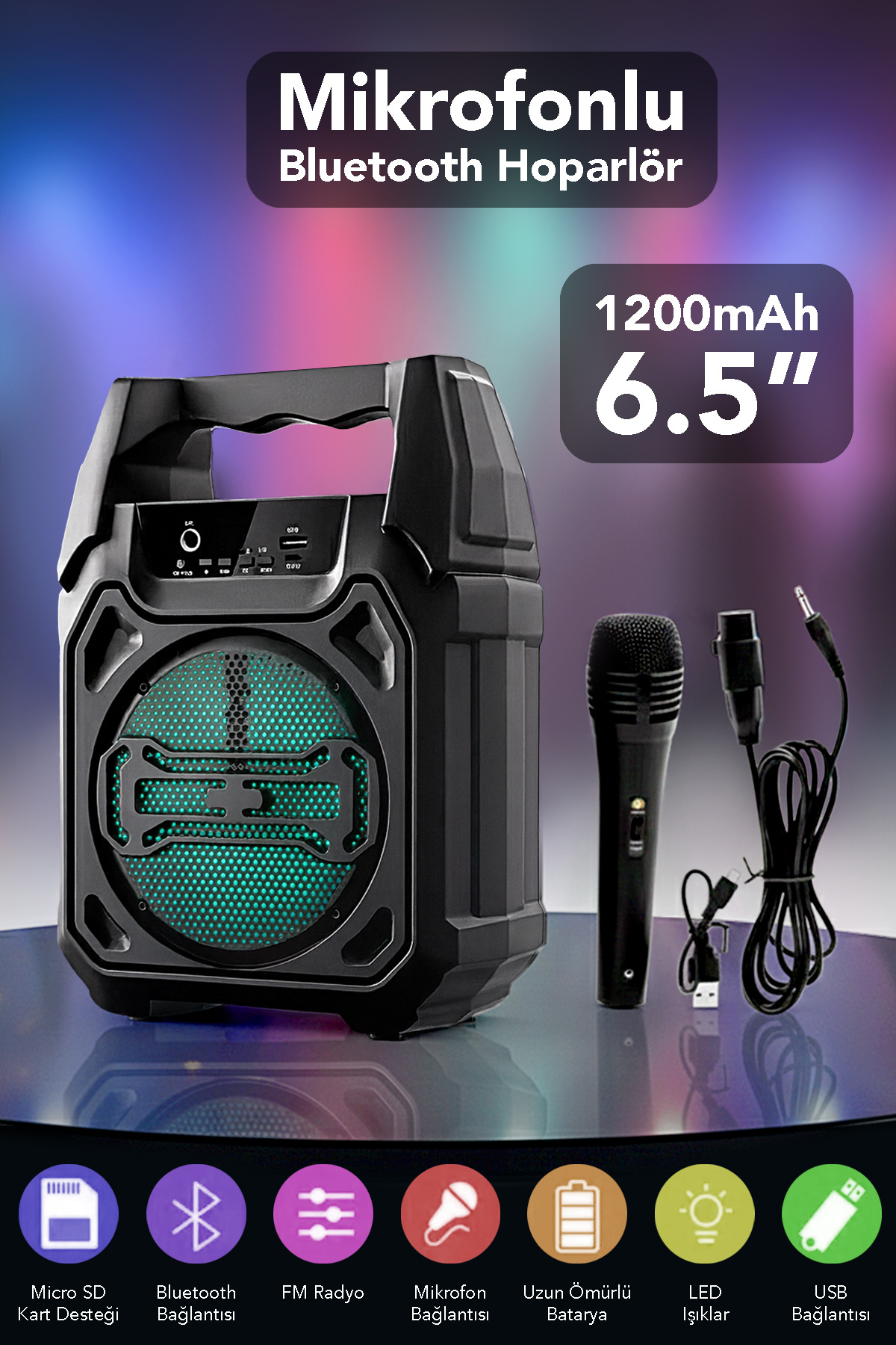 mimtec Ledli Taşınabilir Karaoke Hoparlör - Mikrofonlu Bluetooth Hoparlör Ses Bombası Parti Hoparlörü