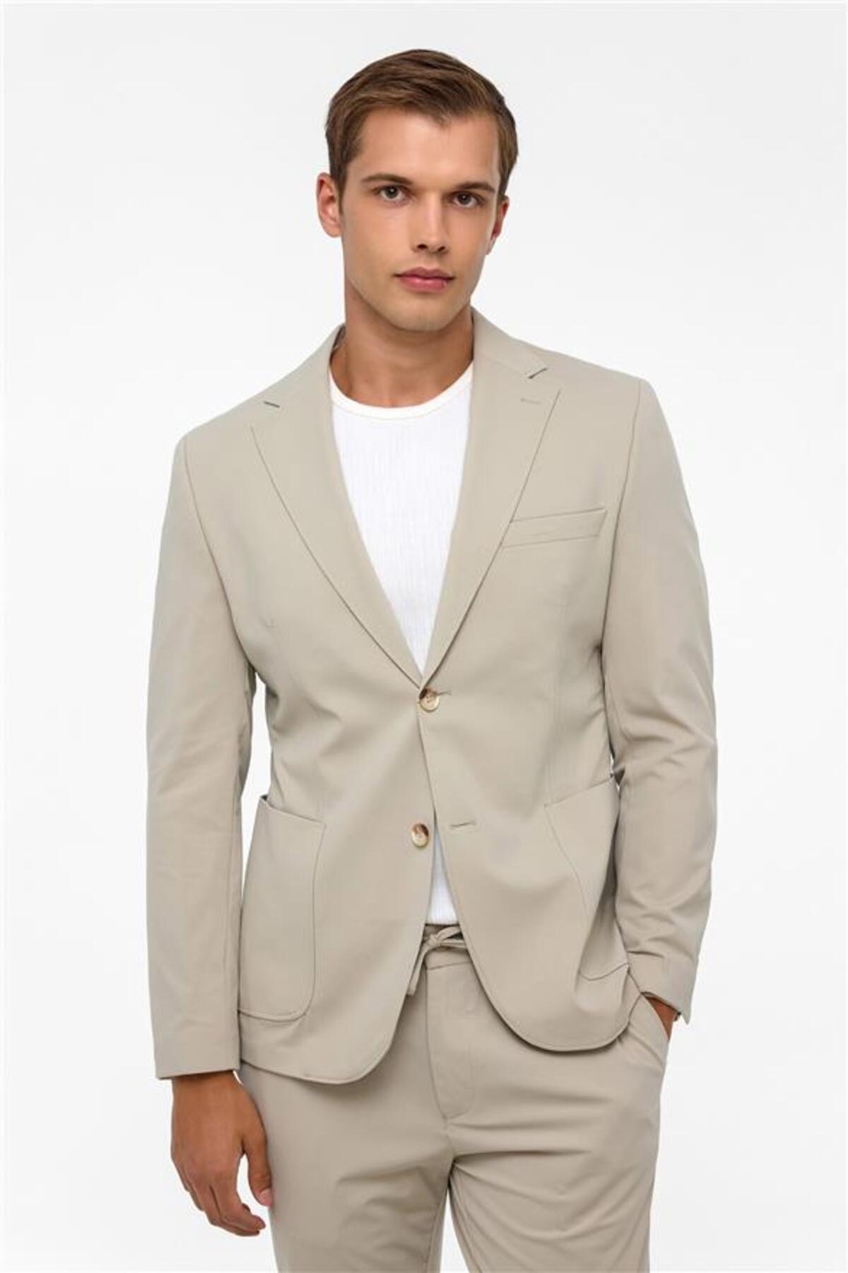 SÜVARİ  Bej Slim Mono Yaka Düz Torba Cep 6 Drop Takım Elbise