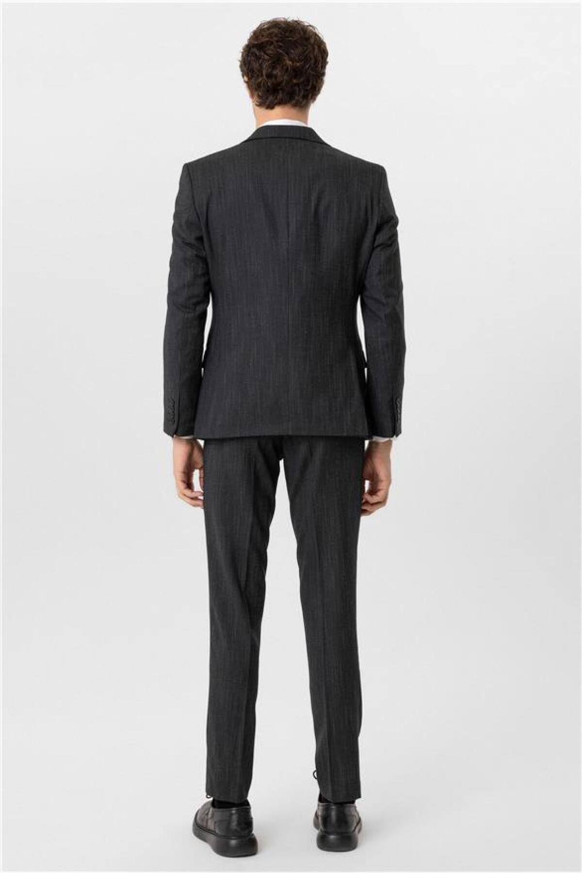 SÜVARİ  Siyah Slim Desenli Mono Yaka 6 Drop Yelekli Takım Elbise - Görsel 8