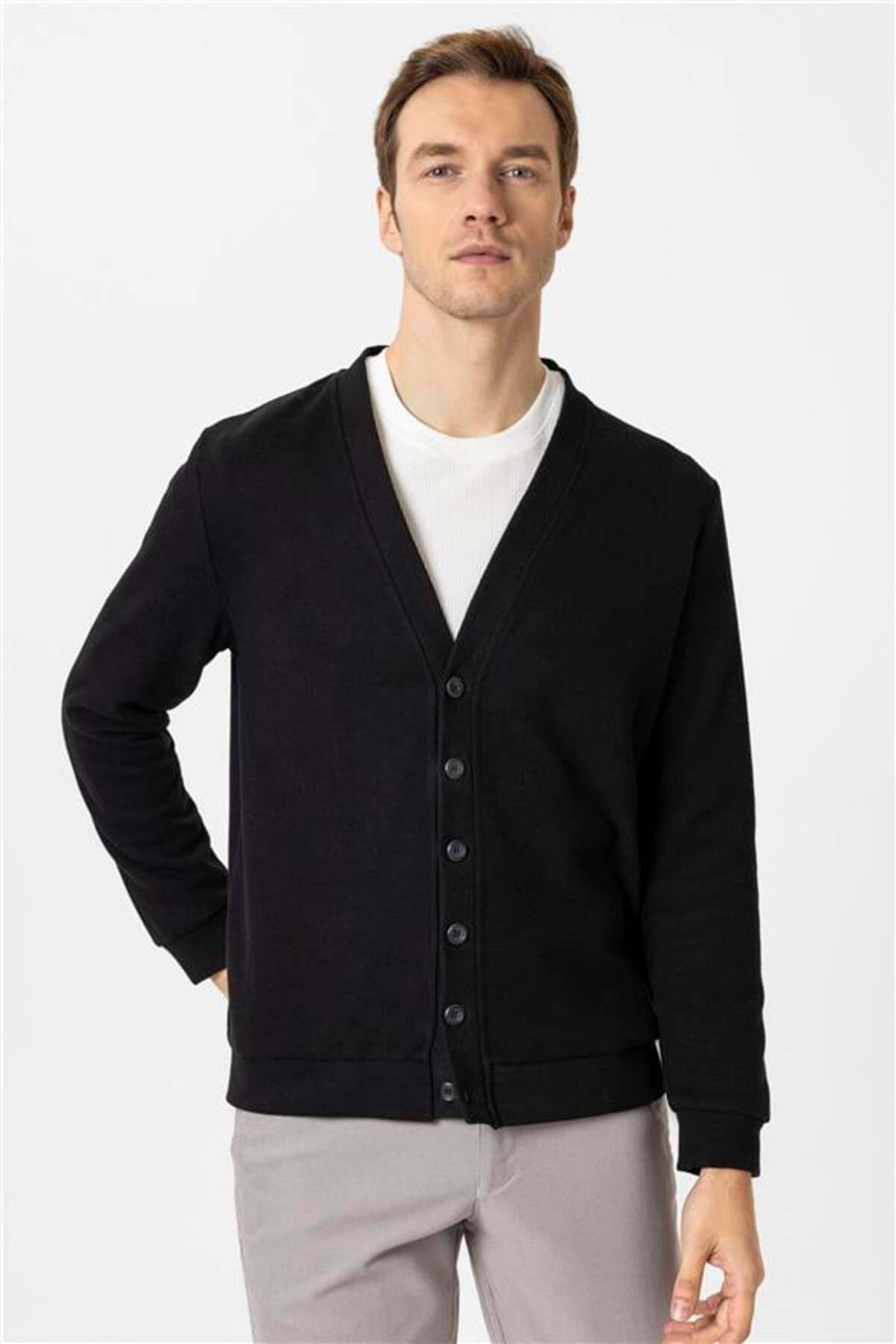 SÜVARİ  Siyah Regular Armürlü V Yaka Hırka - Görsel 2