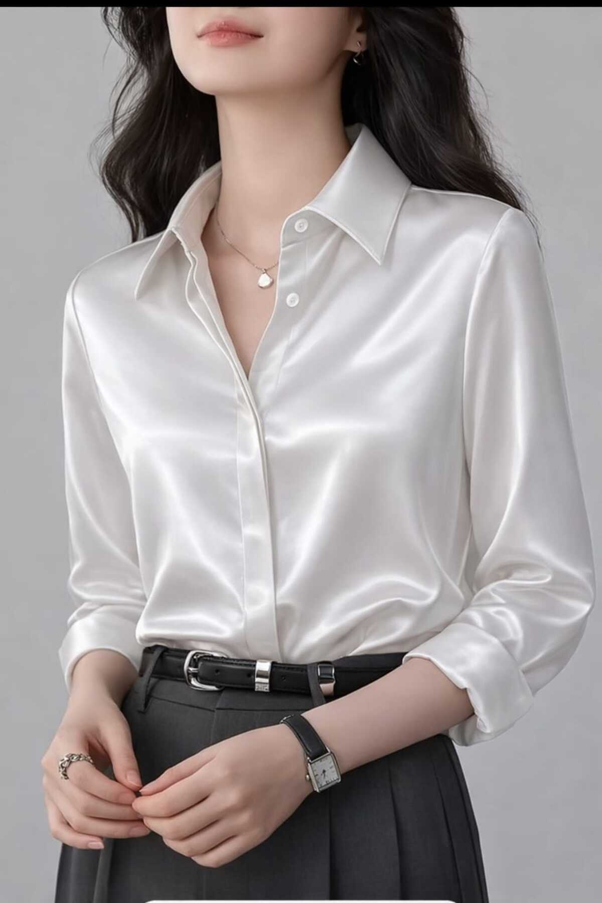 TRENDBUTİKOFFİCİAL  Saten Kumaş Gömlek - Beyaz - Görsel 2