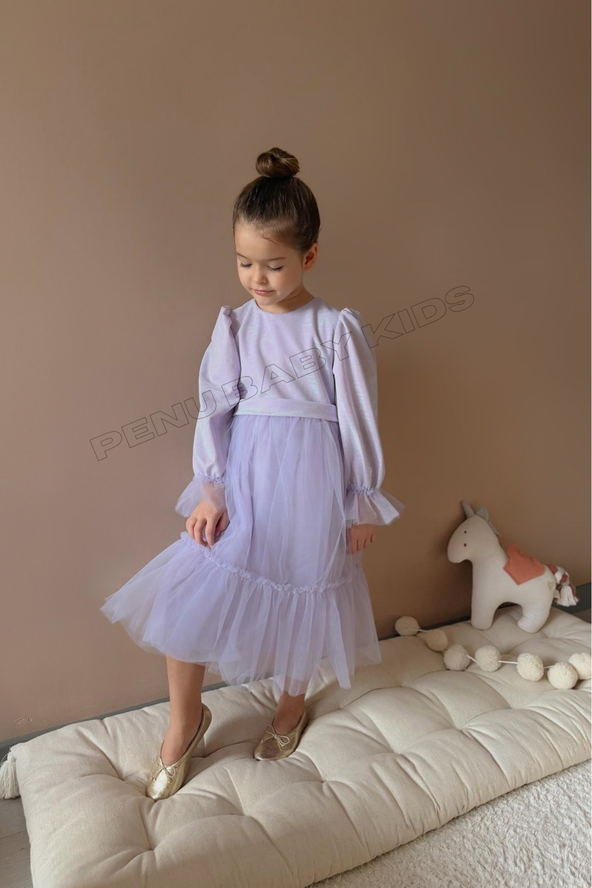 penu baby kids Lila Üstü Pırıltılı Kumaş Fırfırlı Uzun Etekli Uzun Kollu Kız Çocuk Kız Bebek Elbise fotoğrafı 7 (önizleme)