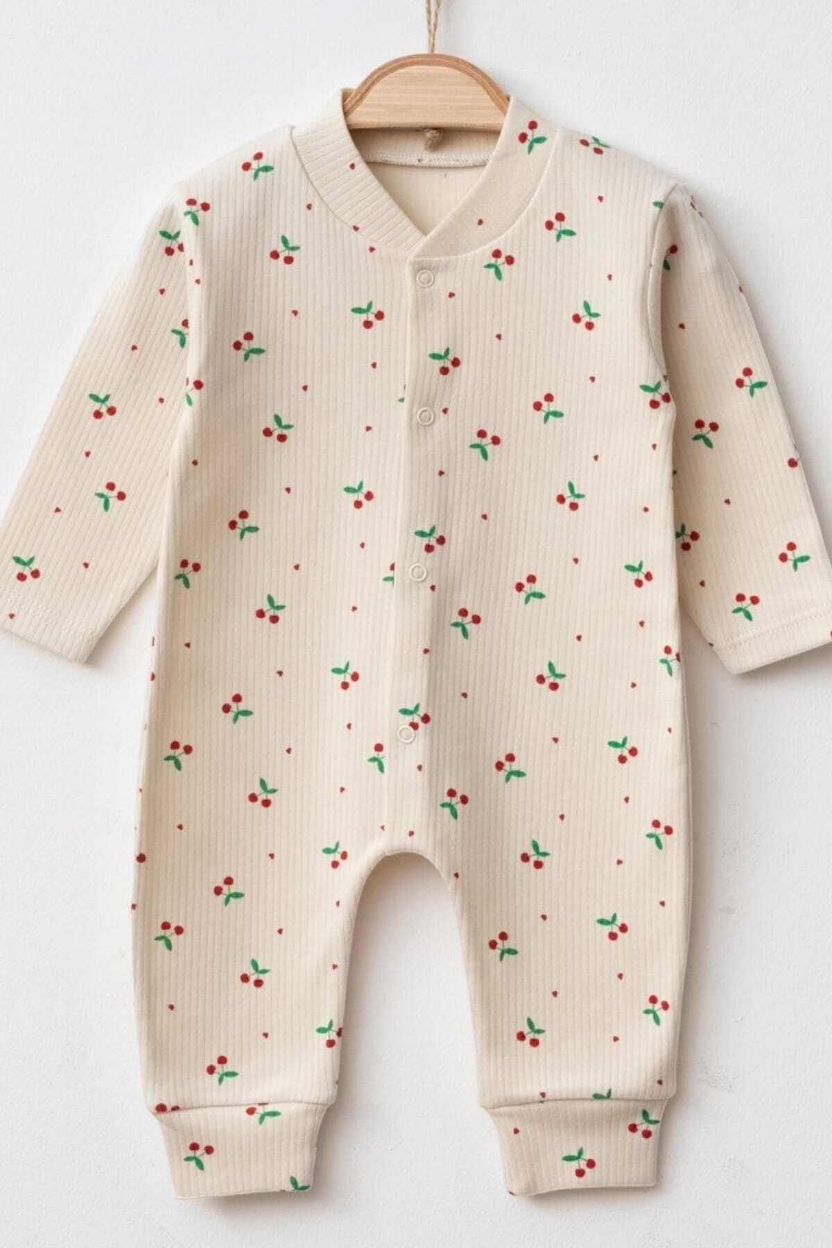 dinamik çocuk Kız Bebek Kirazlı Baskılı Çıtçıtlı Yenidoğan Bebek Tulumu %100 Pamuk Esnek 1-3-6 Aylık fotoğrafı 5 (önizleme)