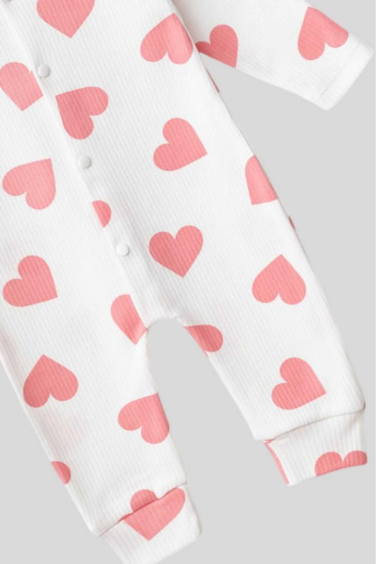 dinamik çocuk Bebek Kalpli Baskılı Fitilli Kumaş Çıtçıtlı Yenidoğan Bebek Tulumu %100Pamuk Esnek 1-3-6Aylık fotoğrafı 3 (önizleme)