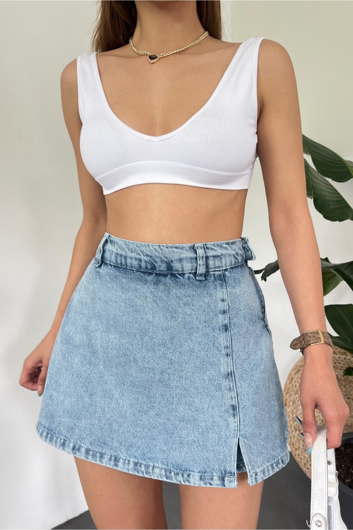Fav Style Kadın Denim Arkası Çift Cepli Mini Şort Etek Mavi görsel 3
