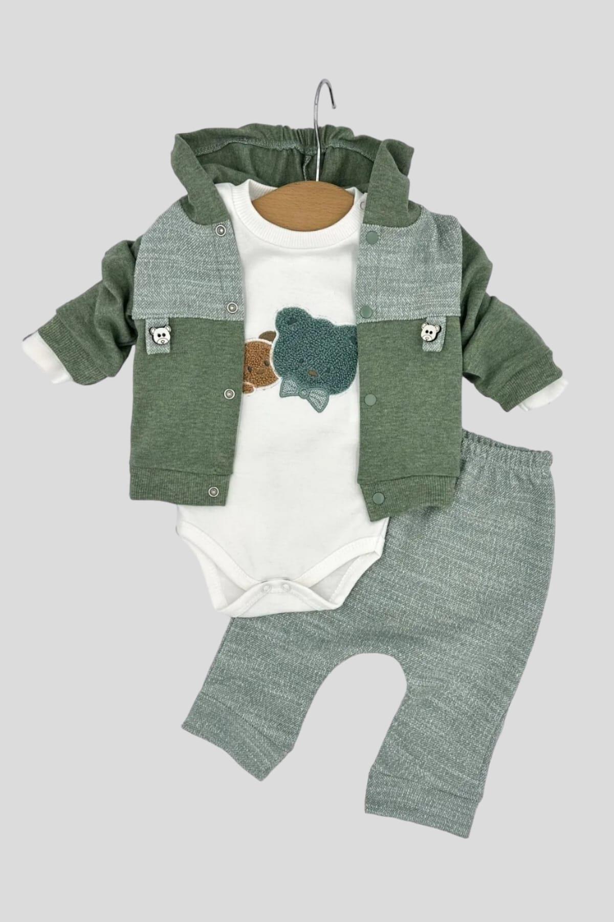 dinamik çocuk Erkek Bebek Ceketli 3lü Takım Ayıcık Nakışlı Mevsimlik Kapüşonlu 3 Parça Zıbınlı 0-3-6-9aylık fotoğrafı 3 (önizleme)