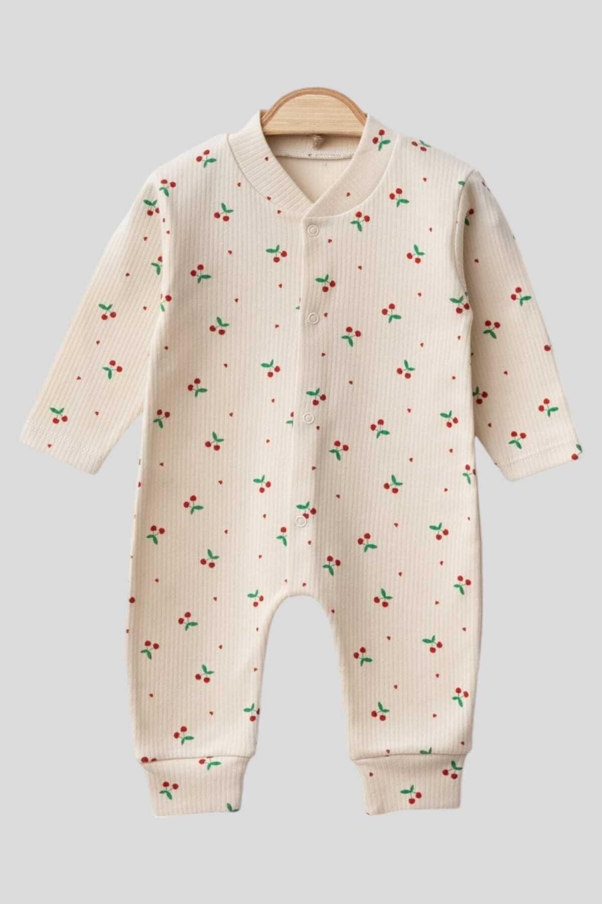 dinamik çocuk Kız Bebek Kirazlı Baskılı Çıtçıtlı Yenidoğan Bebek Tulumu %100 Pamuk Esnek 1-3-6 Aylık fotoğrafı 4 (önizleme)