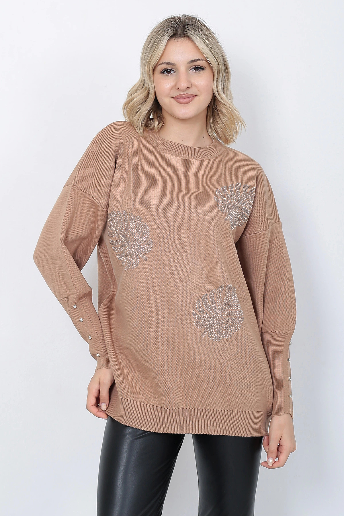 Women's Knitwear Sweater Crew Neck Leaf Patterned Sleeve Gemstone Oversize Mink