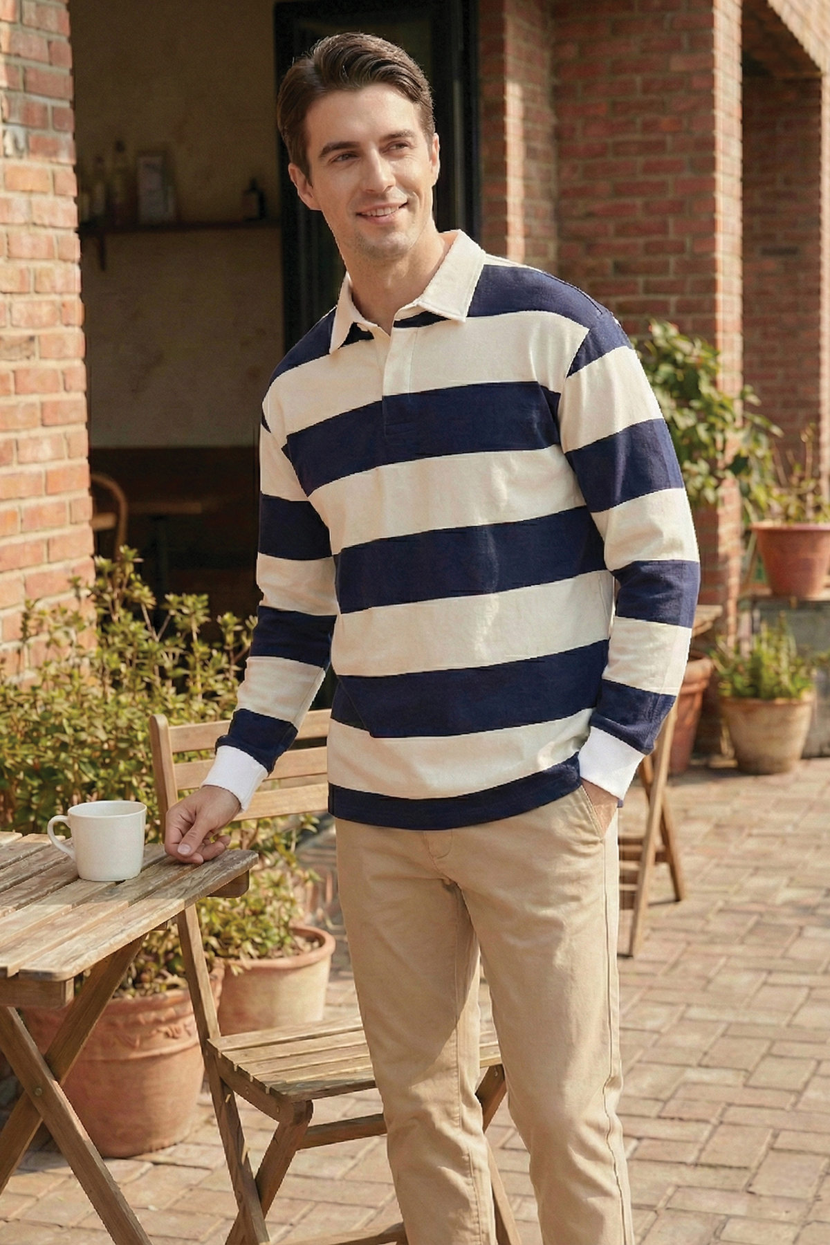 Ghassy Co. Erkek London Çizgili Şeritli Pamuklu İçi Polarlı Polo Yaka Sweatshirt görsel 3
